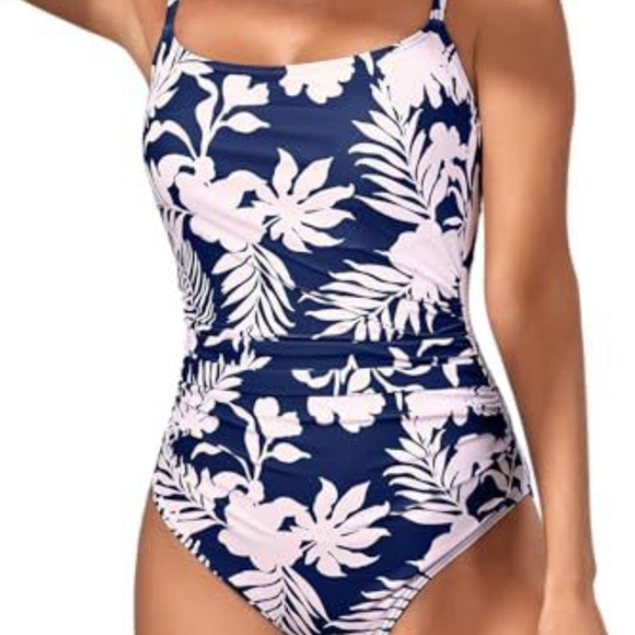 Floral Navy and White One-Piece Swimsuit - Picture 2 of 3